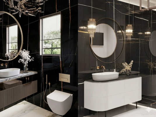 Phòng tắm Luxury sử dụng đá Marble đen chỉ vàng kết hợp với các thiết bị vệ sinh cao cấp