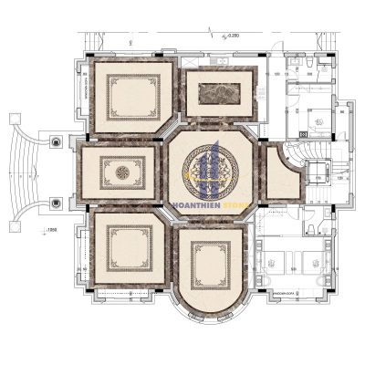 Thiết kế mặt bằng sàn đá nghệ thuật cho khách sạn và biệt thự cao cấp với hoa văn đá marble trung tâm, đường viền granite nổi bật và bố cục không gian sang trọng chuẩn luxury.