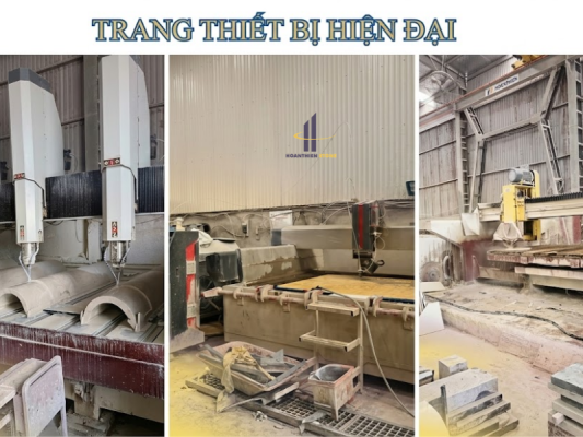Hệ thống máy cắt CNC và trang thiết bị hiện đại tại nhà máy HOANTHIEN STONE, đảm bảo độ chính xác tuyệt đối trên từng đường cắt xẻ đá granite.
